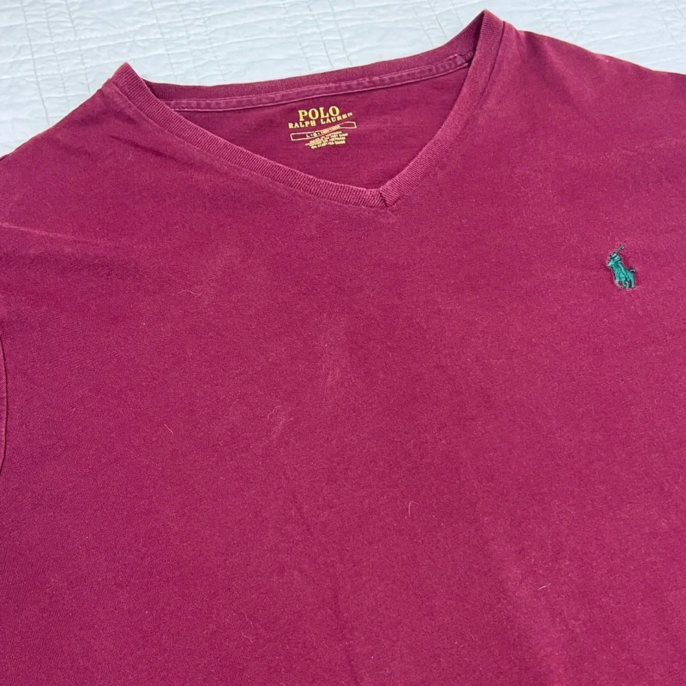 Polo Ralph Lauren Mens V-Neck‎ T-Shirt Burgundy Maroon Cotton Sz Large Pony Logo